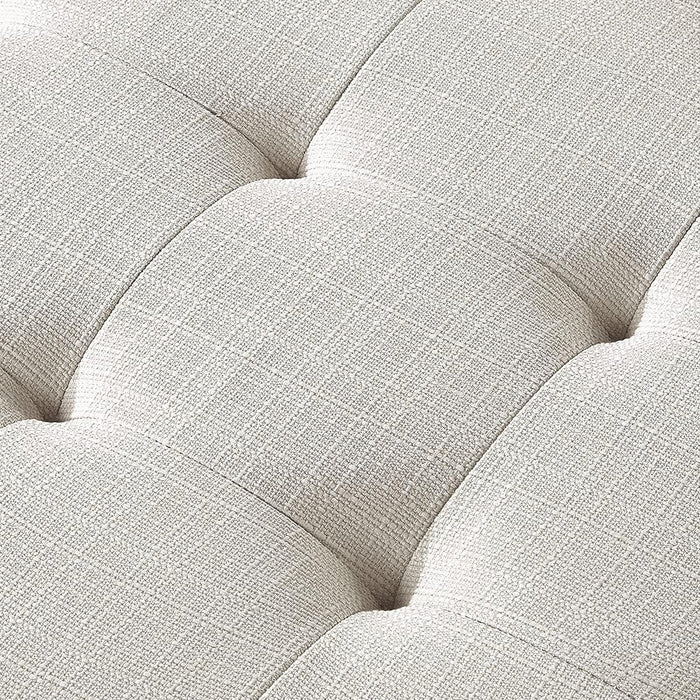 Large Rectangular Upholstered Tufted Linen Ottoman Bench, Padded Bench with Solid Wood Shelf-Ivory