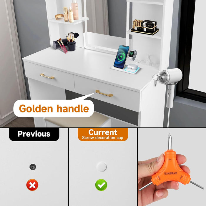 Lighted Makeup Vanity Desk with Power Outlet & Stool, White Dressing Table with LED Mirror, 2 Large Drawers, 6 Shelves for Bedroom Organization, Gift for Women