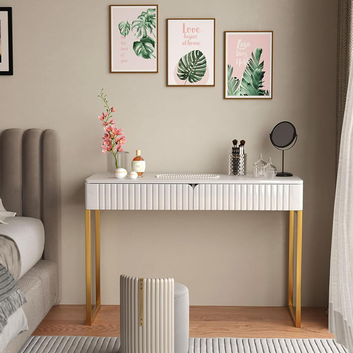 Elegant Modern Desk, 2 Drawers, Gold Legs, 43.3X15.75 Inches, Home Office, Makeup Vanity, Computer, Writing, Study, Entryway, Sofa Table
