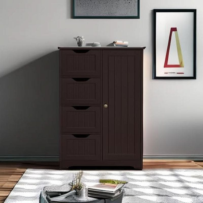 Wooden Bathroom Floor Cabinet, Side Storage Organizer Cabinet with 4 Drawers and 1 Cupboard, Freestanding Entryway Storage Unit Console Table, Home Decor Furniture, Brown