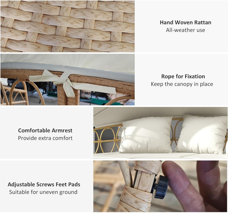 Patio Furniture Set, round Outdoor Daybed with Washable Couch Cushions, Hollow Wicker PE Rattan Sectional Sofa with Retractable Canopy for Pool, Lawn, Cream White