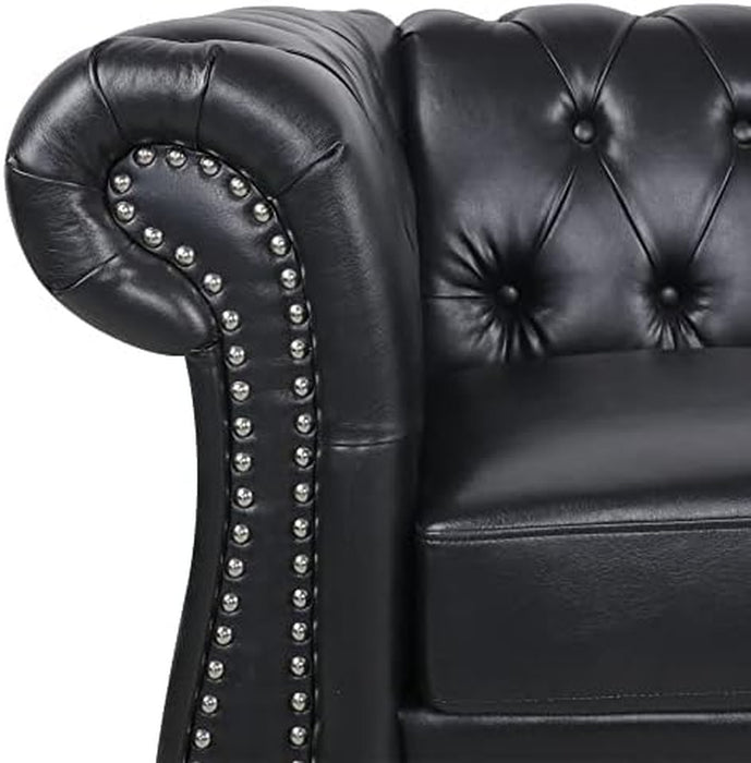 3 Pieces of Living Room Furniture Sofa Sets, Modern Faux Leather Chesterfield Sofa&Chesterfield Club Chair&Chesterfield Loveseat Sofas Set with Nailhead Trim Scroll Arms for Living Room(Black)