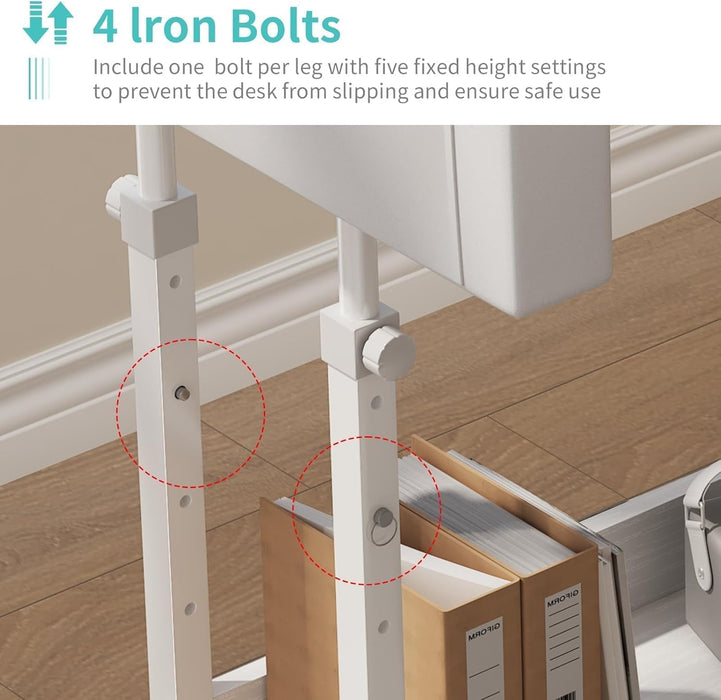 White Portable Rolling Computer Desk - 40 Inch Adjustable Mobile Standing Teacher Desks with 3 Fabric Drawers on Wheels, Couch Sofa Side Laptop Stand up Table with Storage for Home Office, White
