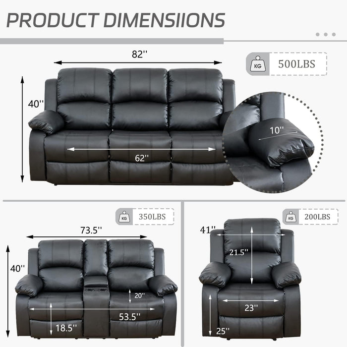 Manual Recliner Sofa Set, Bonded Leather Sofa Set Living Room Furniture, Reclining Sofa Set Leather Recliner Couch with Cup Holder/Storage Console for Living Room (3 Pieces Couch Set,Black)
