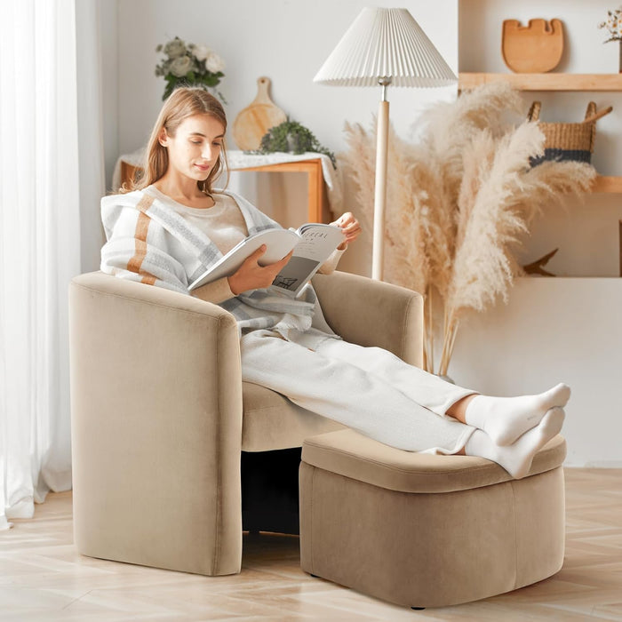 Morden Velvet Barrel Accent Chair with Storage Ottoman Set of 2, Upholstered Living Room Side Chair, Single Sofa Armchair with Lounge Seat for Bedroom/Office/Reading Spaces, Khaki