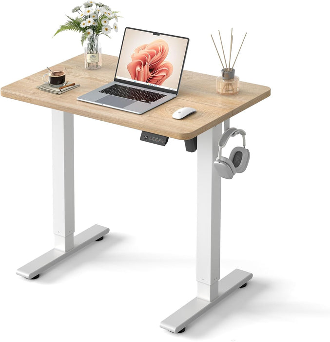 Standing Desk, 32" Small Sit Stand Home Office Desk, Electric Stand up Desk, Adjustable Desk with Splice Board, White Frame/Maple Top