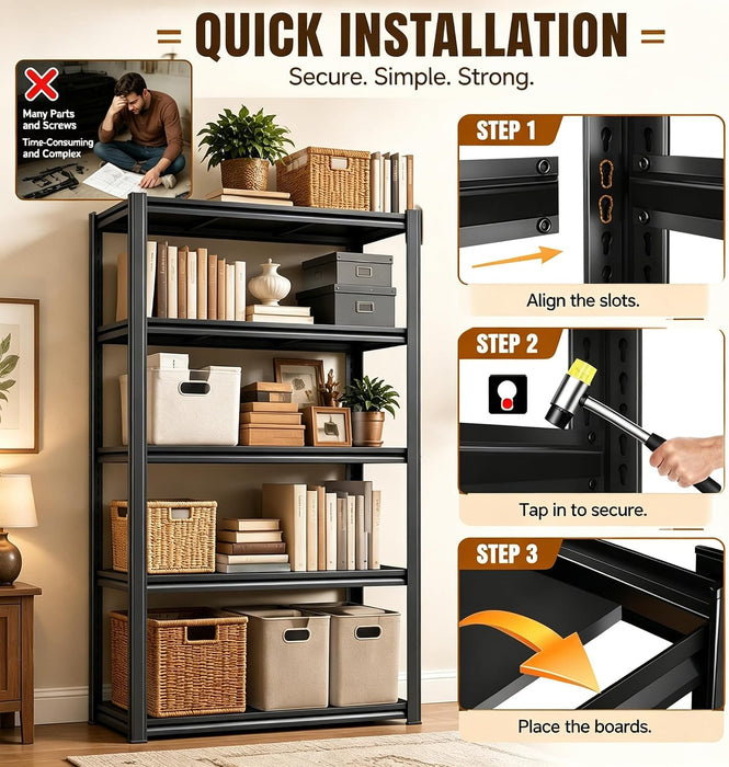 Metal Book Shelf Adjustable Heavy Duty Bookshelf with Tool-Free Assembly