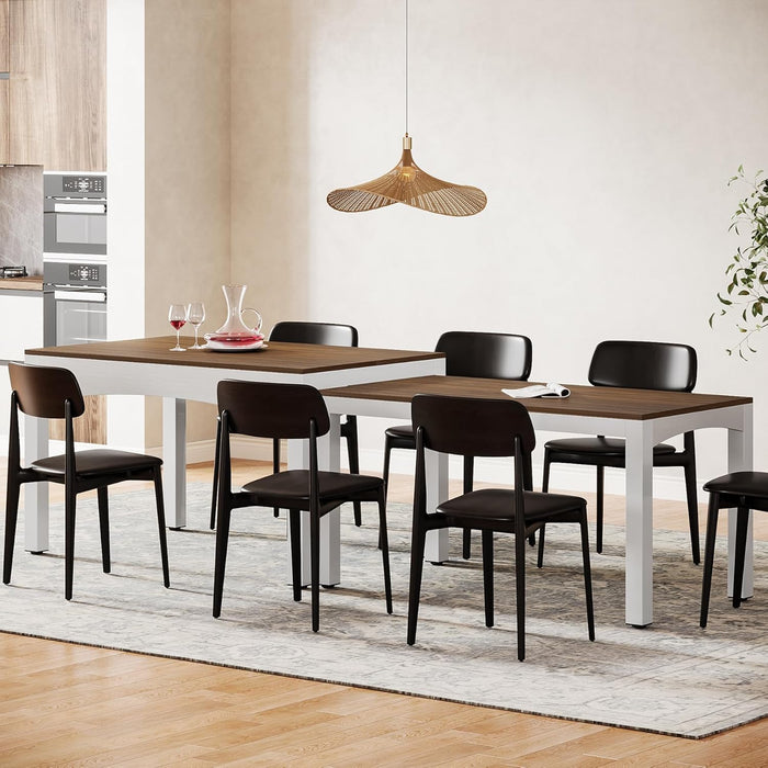 47”-95” Extendable Dining Table, Long Wood Kitchen Table with Heavy-Duty Metal Frame, Farmhouse Large Rectangular Dinner Table for Dining Room, Brown & White