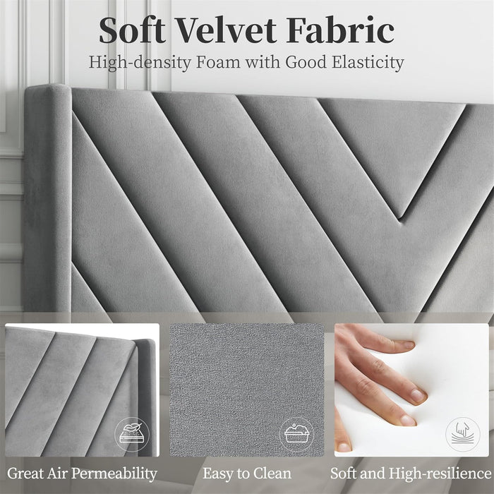Queen Bed Frame with Chevron Channel-Tufted Headboard, Light Grey