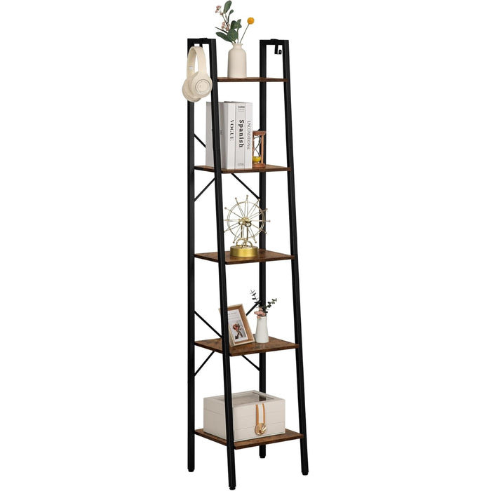 Ladder Shelf, Bookshelf Bookcase, Freestanding Corner Storage Shelve with 2 Hooks for Home Office, Living Room, Kitchen, Bedroom, Industrial, 5-Tier Rustic Brown BC03201B