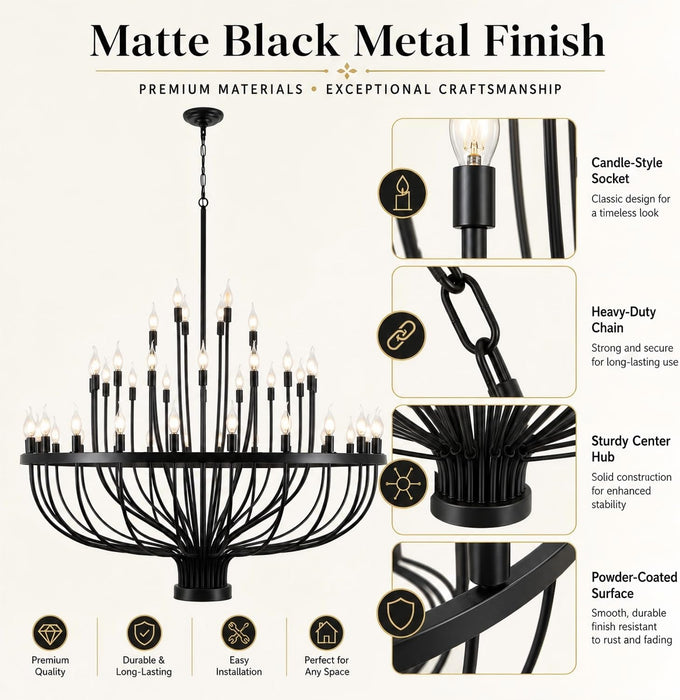 Large Chandelier for High Ceilings, 48-Light Black Wagon Wheel Chandelier, 47.2 Inch 3-Tier Extra Farmhouse Dining Room Light Fixture for Foyer, Living Room, Entryway