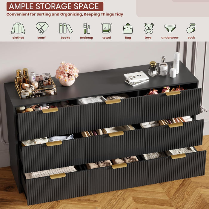 9 Drawers Dresser for Bedroom - 59" Wide Modern Fluted Chest of Drawers with Golden Metal Handles, Large TV Stand Multi-Function Home Organizer for Living Room, Entryway, Hallway, Black