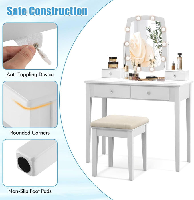 Vanity Desk with Mirror and Lights, Makeup Vanity Table with Swivel Mirror, 3-Color Dimmable LED Lights, 4 Drawers, Girls Bedroom Makeup Dressing Table with Stool (White)