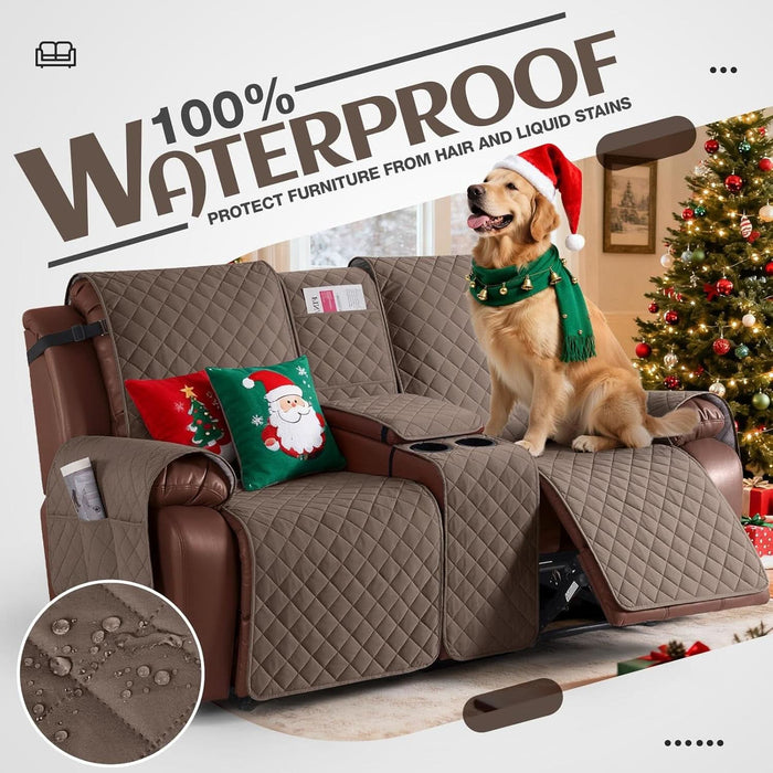 100% Waterproof Recliner Loveseat Cover with Console, Non-Slip Reclining Couch Covers for 2 Seat, Recliner Sofa Cover Furniture Protector with Elastic Straps for Kids, Pets, Brown