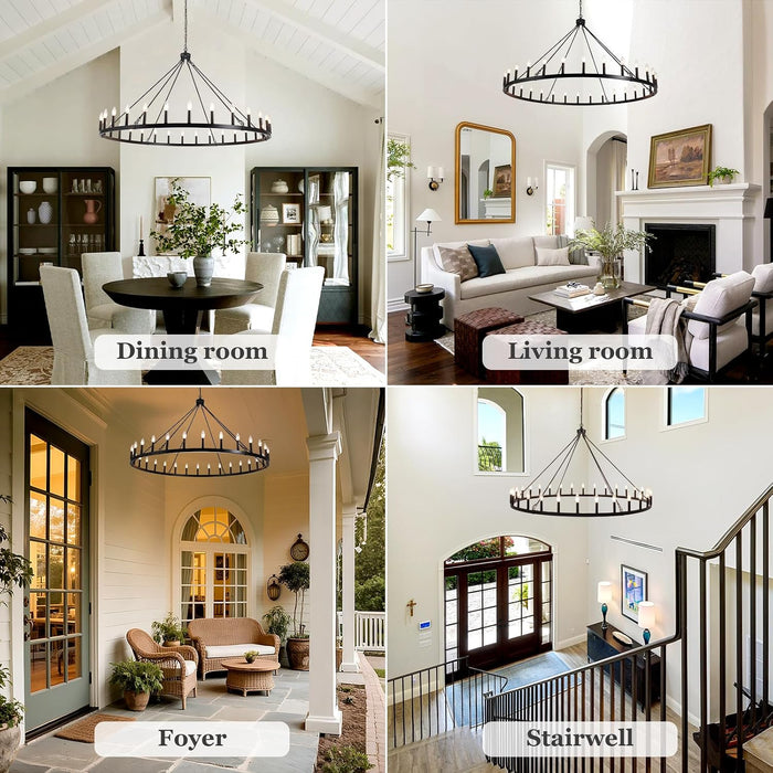 30 Lights Black Extra Large Wagon Wheel Chandelier, 60 Inch Farmhouse Industrial Ceiling Light Fixture for High Ceiling Outdoor Porch Living Dining Room Foyer Entryway, E12
