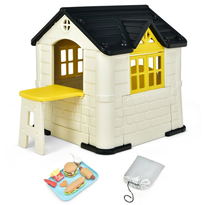 Kid'S Playhouse Games Cottage W/ 7 PCS Toy Set & Waterproof Cover Yellow