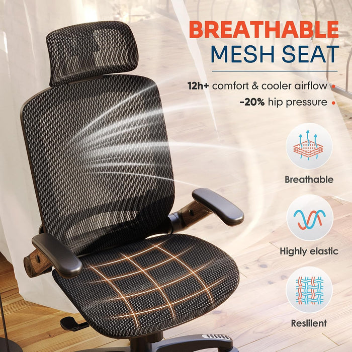 Ergonomic Office Chair, High Back Home Desk Chair with 2D Flip-Up Arms, 3D Headrest, 90-120° Tilt and Wide Cushion, Big and Tall Mesh Chairs for Man Woman, Computer Task Chair Dark Wood Grain