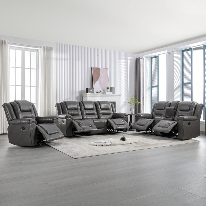 Leather Reclining Sofa Set,Home Theater Seating with Center Console,Flipped Middle Backrest,3 Seater for Living Room,Office,Home Theater,Rv (Grey)