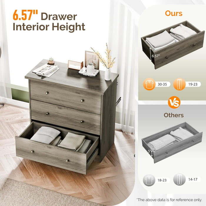 3 Drawer Dresser with Charging Station, Small Dresser Grey Chest of Drawers, 31.5" W Gray Wood Dressers for Bedroom, Living Room, Hallway, Home Office, 15.75" D X 31.5" W X 31.5" H
