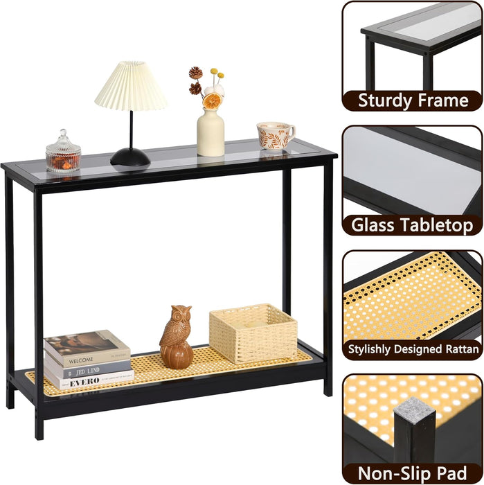 Bamboo Narrow Console Table, 39.4"(L) Wood Small Entryway Table with Rattan and Glass, Accent Slim Hallway Tables, Thin Sofa Side Tables for Hallway, Living Room, Bedroom, Foyer, Black