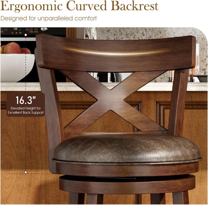 26 Inch Swivel Bar Stools Set of 2, Counter Height Stools | Rustic Wooden Barstools with Back & Solid Wood Legs, Faux Leather Bar Chairs for Kitchen Island, Dark Cherry