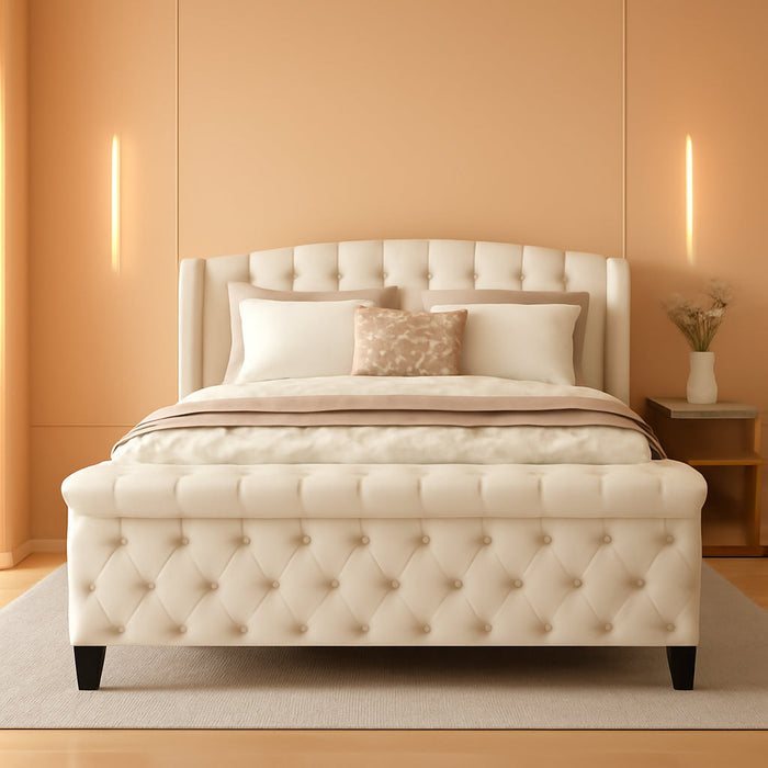 Queen Platform Bed Frame, Velvet Upholstered Sleigh Bed with Wingback Tufted Headboard and Footboard, Quiet & Stable Support, No Box Spring Needed, Noise-Free Design, Easy Assembly, Beige