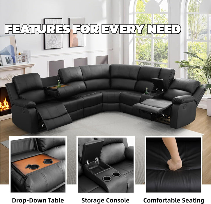 Manual Recliner Sectional Sofa Set, Bonded Leather L-Shaped Living Room Furniture Sets, Reclining Corner Couch with Drop-Down Table/Storage Console/Cup Holders for Home Office (Black, Sectional)