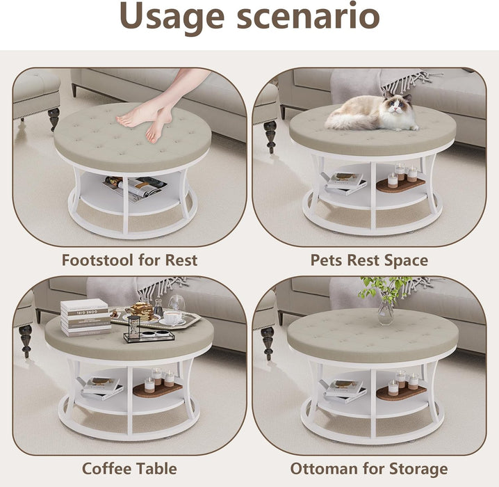 Large round Ottoman Coffee Table with Storage Shelf, 31.5 Inch Tufted Linen Upholstered Footrest Stool, Modern Accent Ottoman with Sturdy Metal Legs for Living Room, Bedroom, Dorm Decor, Beige