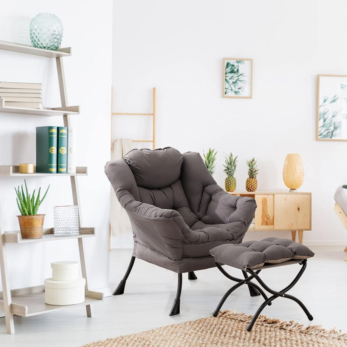 Dark Grey Velveteen Upholstered Ottoman Lounge Chair