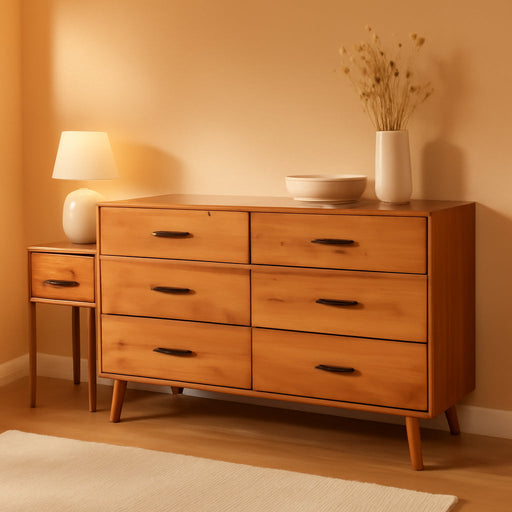 Walker Edision Modern Solid Pine Wood 6-Drawer Dresser with Metal Handles and Generous Storage Space, Caramel Finish