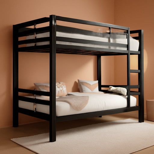Bunk Bed Twin over Twin, Heavy Duty Metal Bed with Ladder and Full-Length Guardrail, Under-Bed Storage Space, No Box Spring Needed, Noise Free, Black