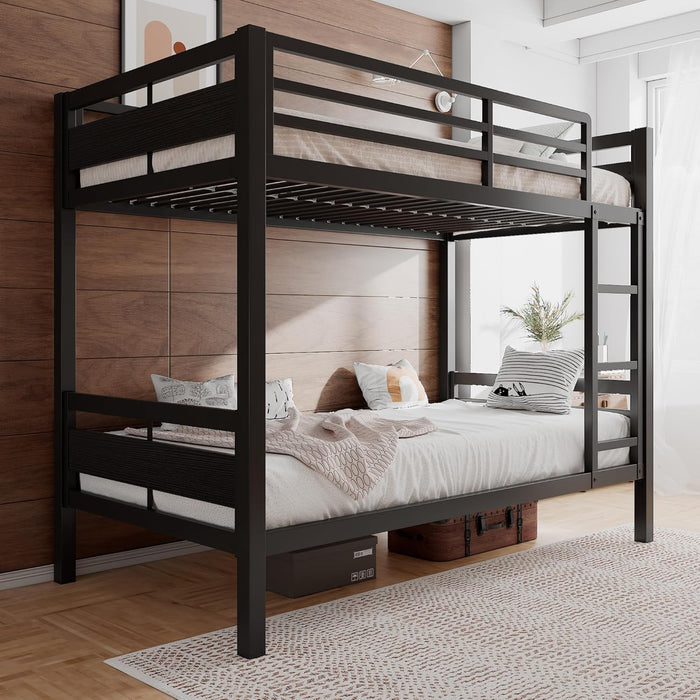 Bunk Bed Twin over Twin, Heavy Duty Metal Bed with Ladder and Full-Length Guardrail, Under-Bed Storage Space, No Box Spring Needed, Noise Free, Black