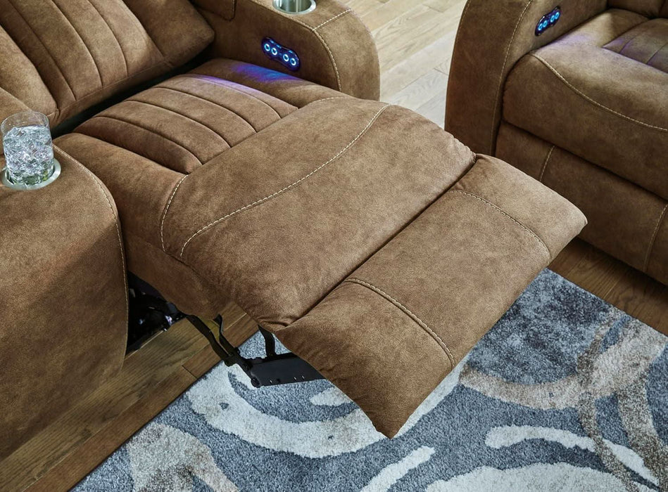 Wolfridge Contemporary Faux Leather Power Reclining Sofa with Drop down Table, LED Lights, Electrical Outlet, Wireless Charging, USB Ports and Cup Holders, Light Brown
