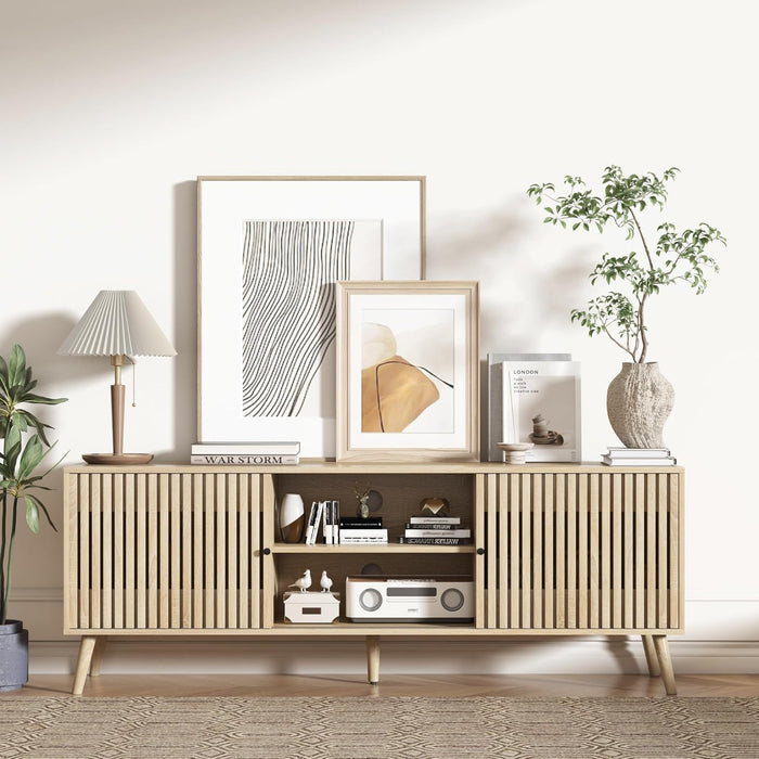 TV Stand for 55/65/70 Inch Tv,Bamboo Entertainment Center with Natural Rattan Door, Large Long Boho Media TV Console with Open Shelves Living Room Bedroom