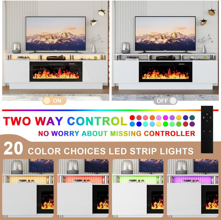 Fireplace TV Stand with 36" Fireplace, 2 Tier 70" LED Entertainment Center with Fireplace for Tvs up to 80", Modern Wood TV Media with Storage Cabinets for Living Room, White