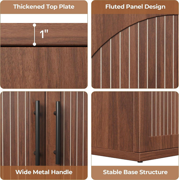 63" Fluted Buffet Cabinet with Storage, Mid-Century Symmetrical Arched Sideboard Credenza with Adjustable Shelf, Large Wood Console Table for Dining Room, Kitchen, Living Room (Warm Walnut)