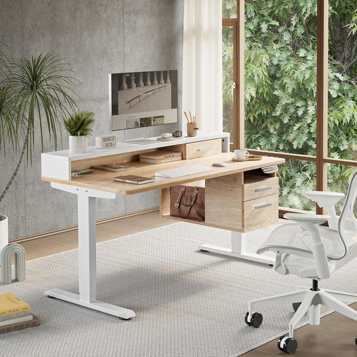 Electric Standing Desk 48 X 24 Inch with Monitor Shelf, 3 Drawers and Open Storage, Home Office Computer Workstation, Pure Maple, 2 Packages