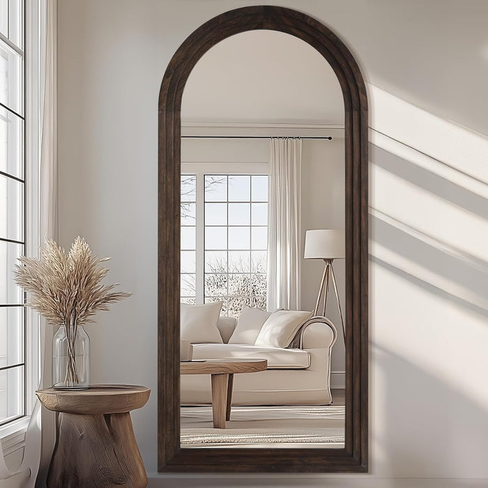 Arched Full Length Mirror with Solid Wood Frame, 71"X32" Rustic Farmhouse Large Floor Mirror with Stand, Free Standing Leaning Hanging, for Bedroom Living Room Dressing Room Entryway, Brown