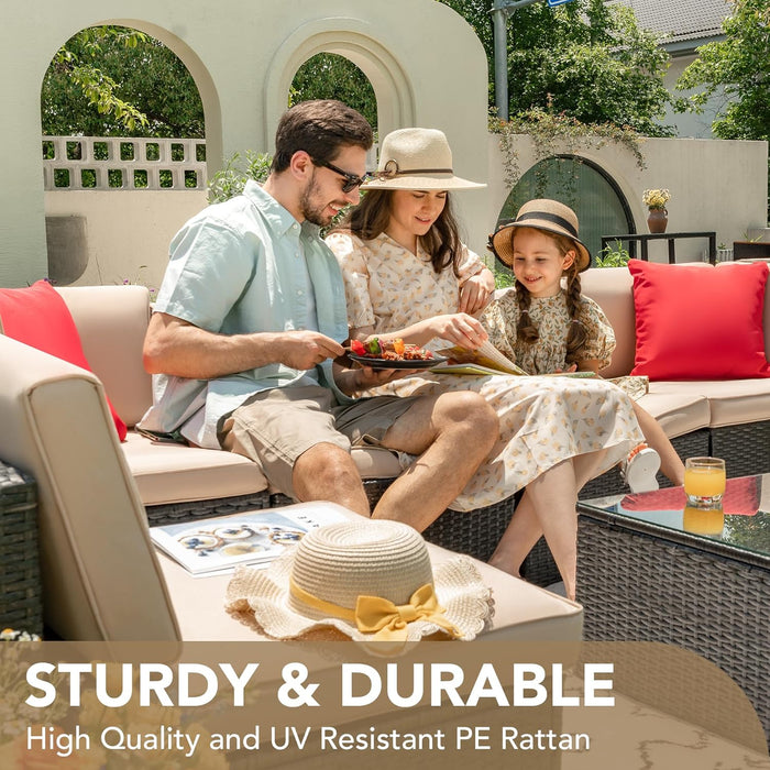Patio Furniture Sets 6 Pieces Outdoor Sectional Rattan Sofa Manual Weaving Wicker Patio Conversation Set with Glass Table and Cushion (Beige)