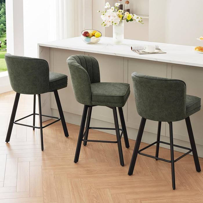Swivel Counter Height Bar Stools Set of 4, 26'' Modern Barstools with Backs and Metal Legs, Upholstered Bar Chairs, Faux Leather Green Stools for Kitchen Island Chairs