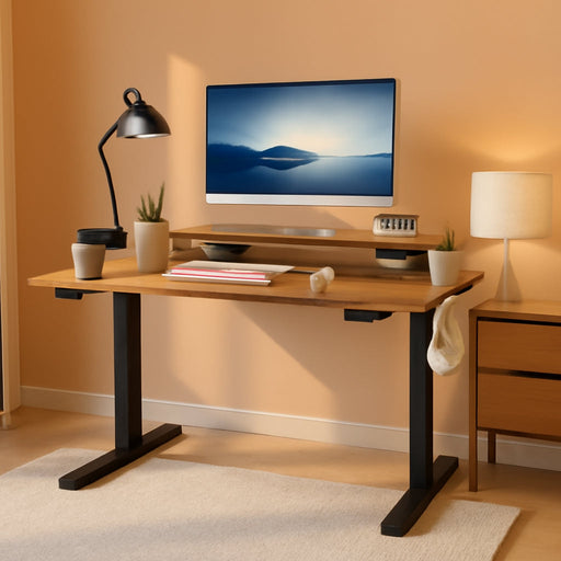 Electric Standing Desk with Monitor and Laptop Workstation, 47 X 24 Inches Height Adjustable Sit Stand up Desk, Computer Workstation with Cup Holder and Hook, Cable Holes, Rustic Brown