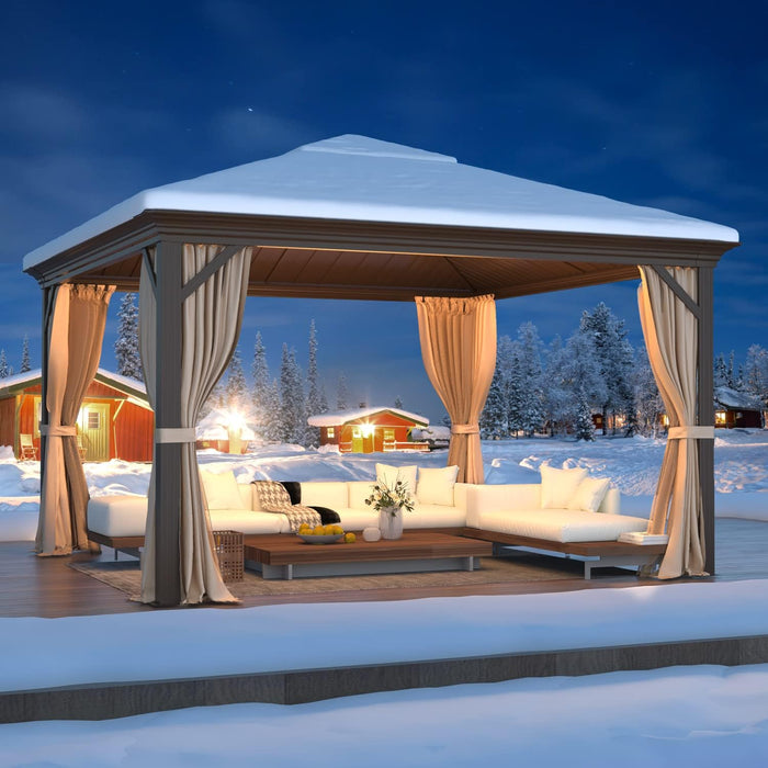 12' X 12' Gazebo Hardtop Double Roof Galvanized Steel Gazebos with Netting and Curtains Outdoor Aluminum Frame Permanent Metal Pavilion for Patio Backyard Deck and Lawns