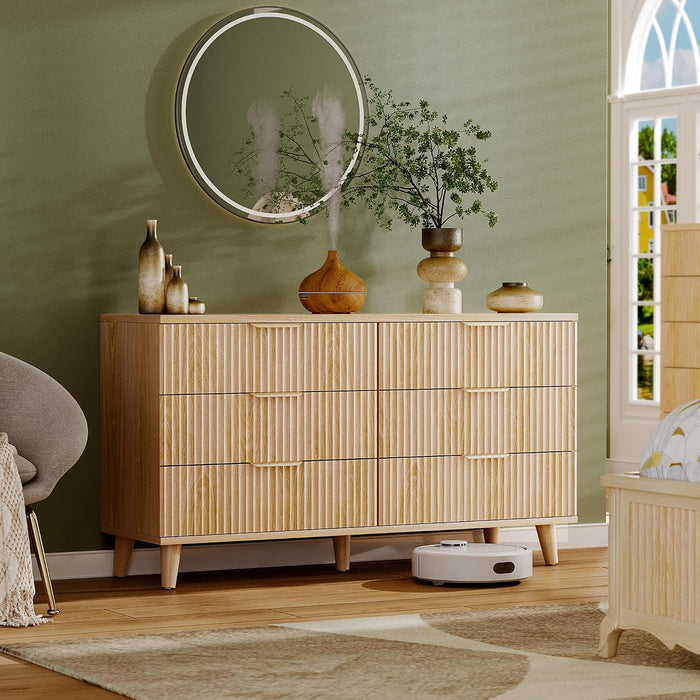 Wood 6 Drawers Dresser, 53.2" W Fluted Modern Dressers for Bedroom