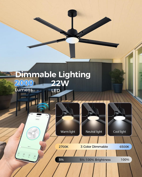 62 Inch Black Smart Outdoor Ceiling Fan With Light