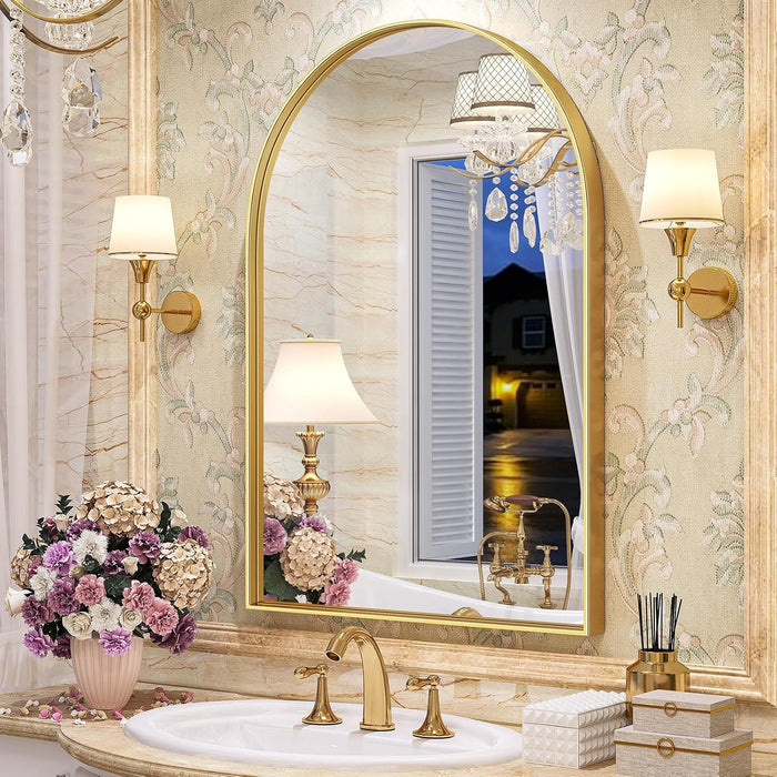 Gold Arched Mirror, 24 X 32 Inch Arch Wall Mirror, Brass Metal Frame Bathroom Mirror, Arched Top Bathroom Vanity Mirror for Living Room Bedroom Mantel Entryway Hallways