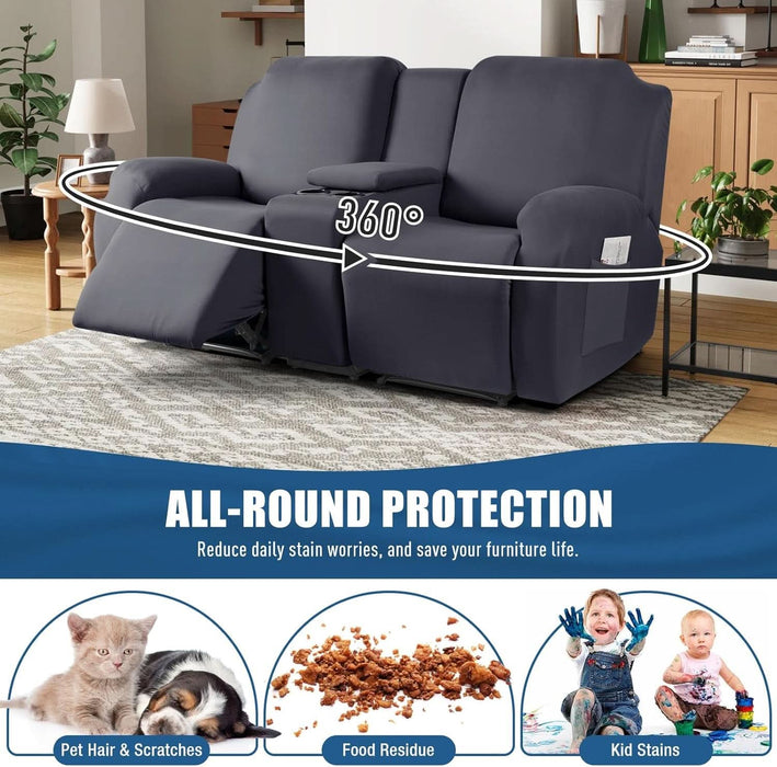 Reclining Loveseat with Middle Console Slipcover, 4 Piece Polyester Fabric Stretch Loveseat Reclining Sofa Covers (Dark Gray, 2 Seat Recliner Cover with Console)