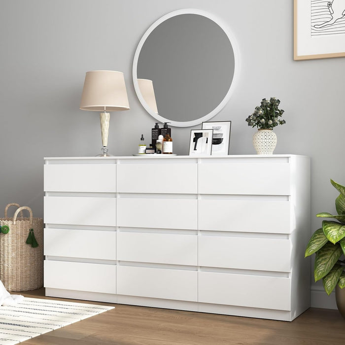 White 12 Drawer Dresser for Bedroom,Modern Long Deep Drawer Dresser,Wood Storage Chest of Drawer, Storage Organizer Drawers for Living Room