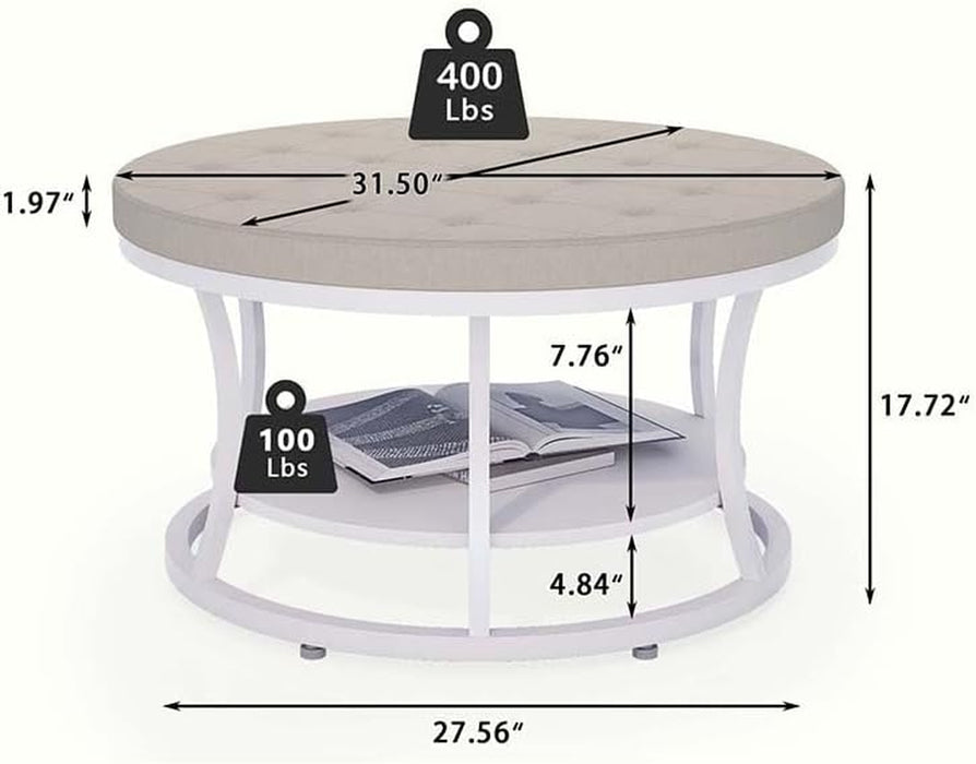 Large round Ottoman Coffee Table with Storage Shelf, 31.5 Inch Tufted Linen Upholstered Footrest Stool, Modern Accent Ottoman with Sturdy Metal Legs for Living Room, Bedroom, Dorm Decor, Beige