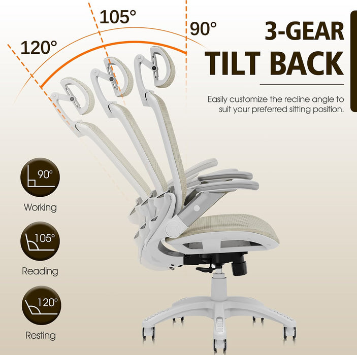 Ergonomic Office Chair, High Back Home Desk Chair with Headrest, Flip-Up Arms, 90-120° Tilt Lock and Wide Cushion, 300LBS Mesh Chairs for Man Woman, White Task Chair(Beige,Gy01Wbg)