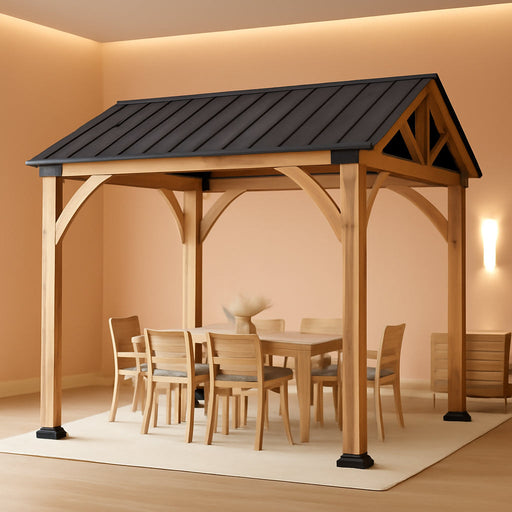 10X12 Ft Cedar Wood Gazebo, Hardtop Gazebo with Galvanized Steel Peak Roof, Outdoor Pavilion for Garden, Backyard, Patio, Deck